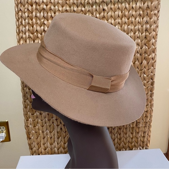 Wide Brim Women Felt Flat Top Tan Classic Retro Hat With Ribbon Band Sz OS main image 12